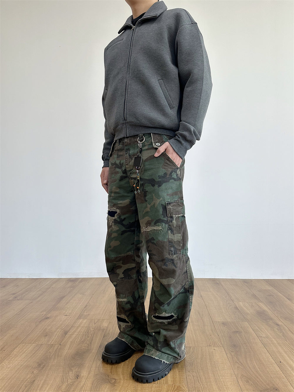 Distressed Military Camouflage Loose Straight Cargo Pants
