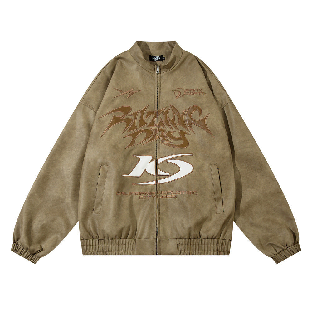 Gothic Letter Embroidered Motorcycle Leather Men's Clothing