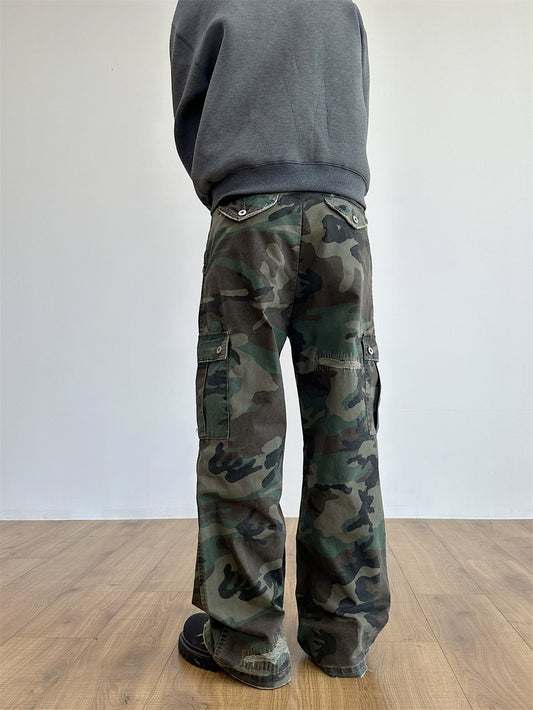 Distressed Military Camouflage Loose Straight Cargo Pants