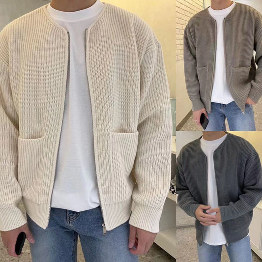 Men Zip Up Knitted Cardigan on model