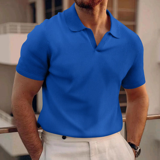 v-neck polo shirt for men in sapphire blue color, showcasing slim fit design and comfortable material.
