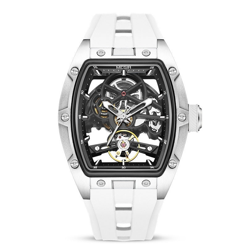 automatic hollow mechanical watch for men showcasing a black dial and intricate movement.