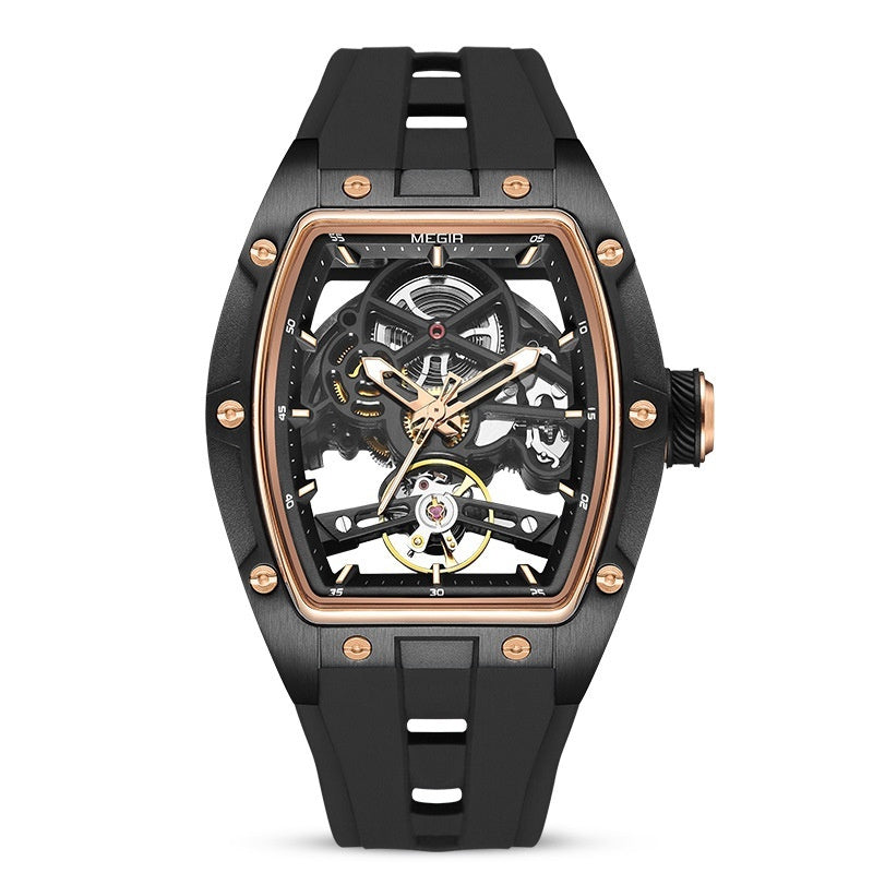 automatic hollow mechanical watch for men showcasing a black dial and intricate movement.