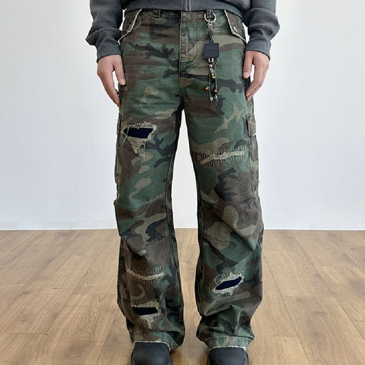 Distressed Military Camouflage Loose Straight Cargo Pants