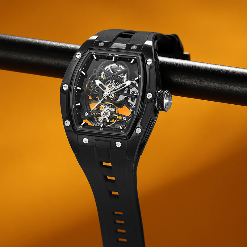 automatic hollow mechanical watch for men showcasing a black dial and intricate movement.