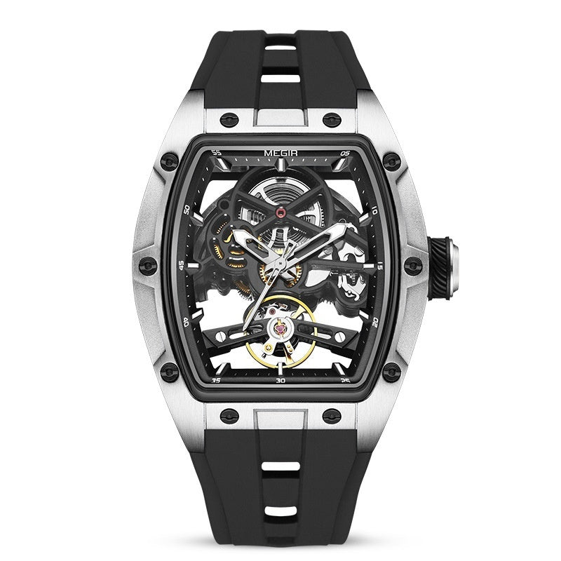 automatic hollow mechanical watch for men showcasing a black dial and intricate movement.