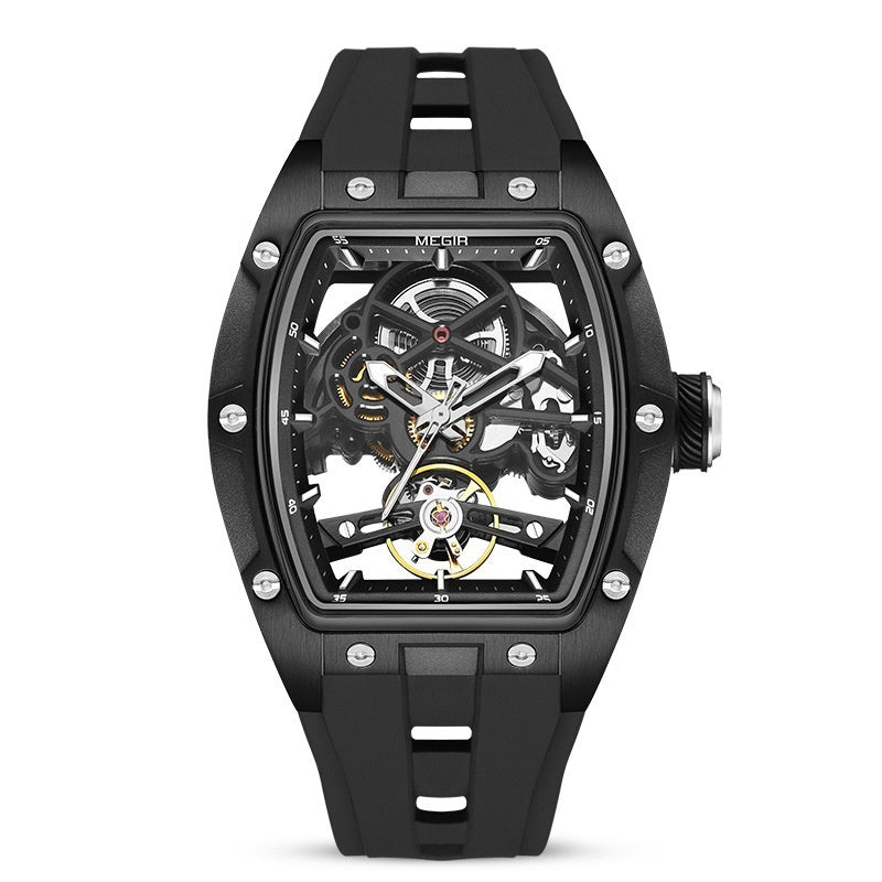 automatic hollow mechanical watch for men showcasing a black dial and intricate movement.