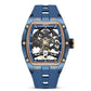 automatic hollow mechanical watch for men with blue case and skeleton dial showcasing intricate movement.