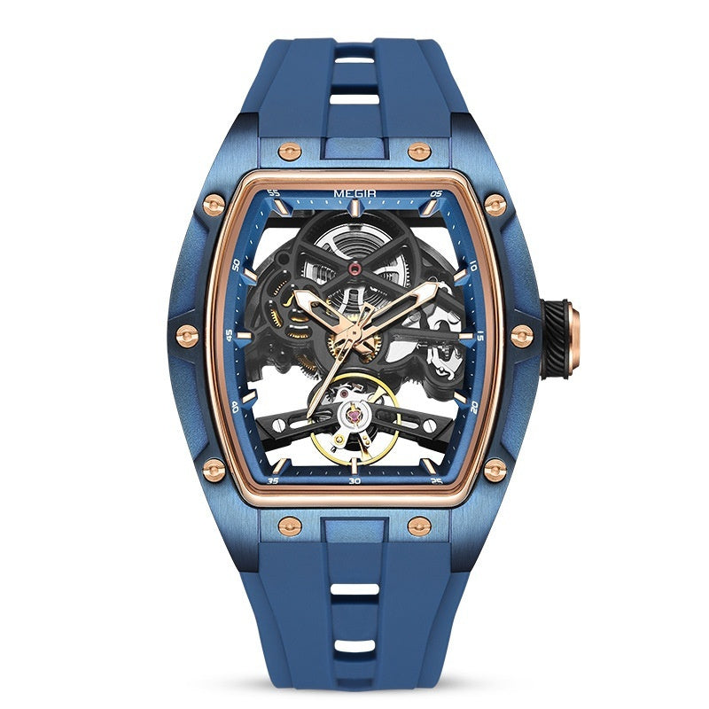 automatic hollow mechanical watch for men with blue case and skeleton dial showcasing intricate movement.